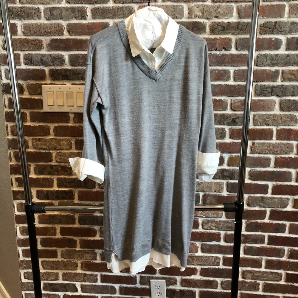 Sweater dress with faux undershirt